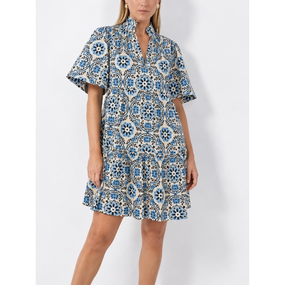 Tuckernuck Crawford Dress Blue Medallion Tile Ruffle Cotton Tiered Mini XXL